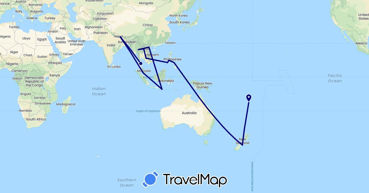TravelMap itinerary: driving in Australia, Fiji, Indonesia, Cambodia, Laos, Malaysia, Nepal, New Zealand, Philippines, Thailand, Vietnam (Asia, Oceania)